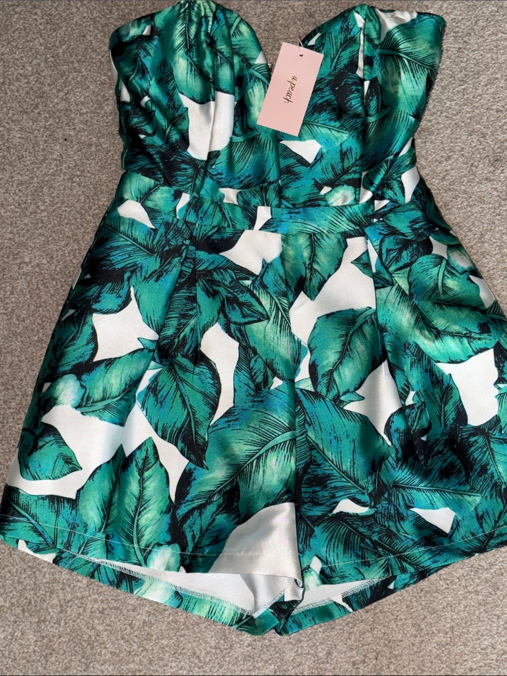 Strapless Tropical Leaf Romper in Green & White